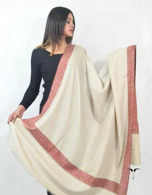 Natural White Pashmina Shawl With Sozni Borders 5662