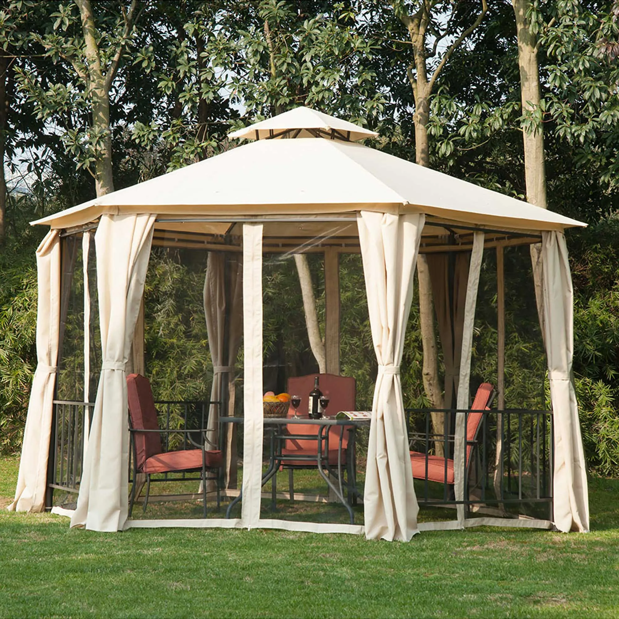 Outsunny 3 X 3M Hexagon Gazebo Patio Canopy Party Tent Outdoor Garden Shelter With 2 Tier Roof & Side Panel - Beige