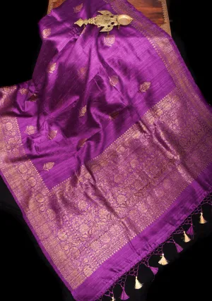 Pure raw Silk Banarasi Silk Saree with Antique Tone Zari motifs and contrasting Blouse piece  | SILK MARK CERTIFIED