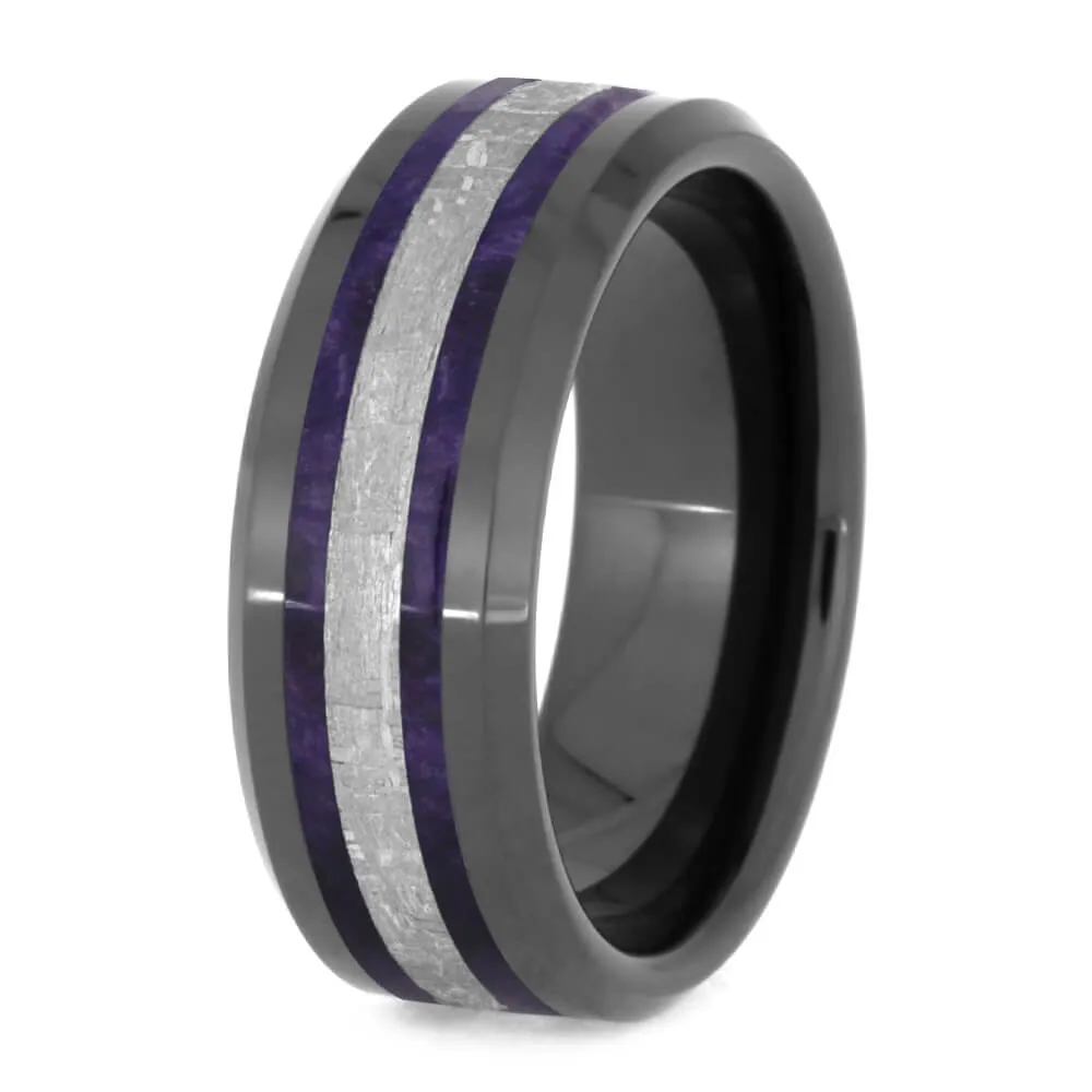 Purple Men's Wedding Band With Wood & Meteorite