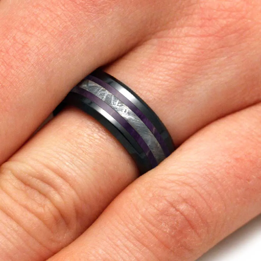 Purple Men's Wedding Band With Wood & Meteorite