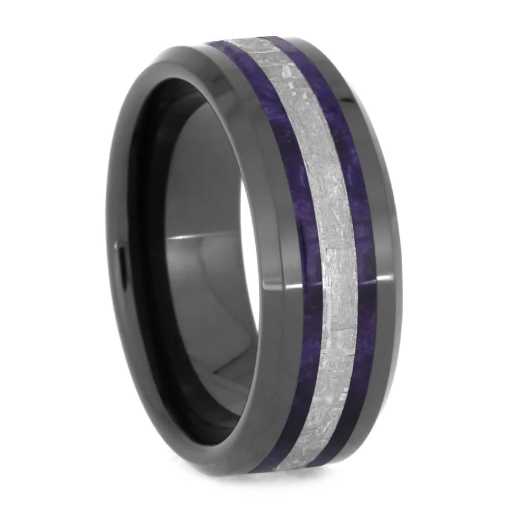 Purple Men's Wedding Band With Wood & Meteorite