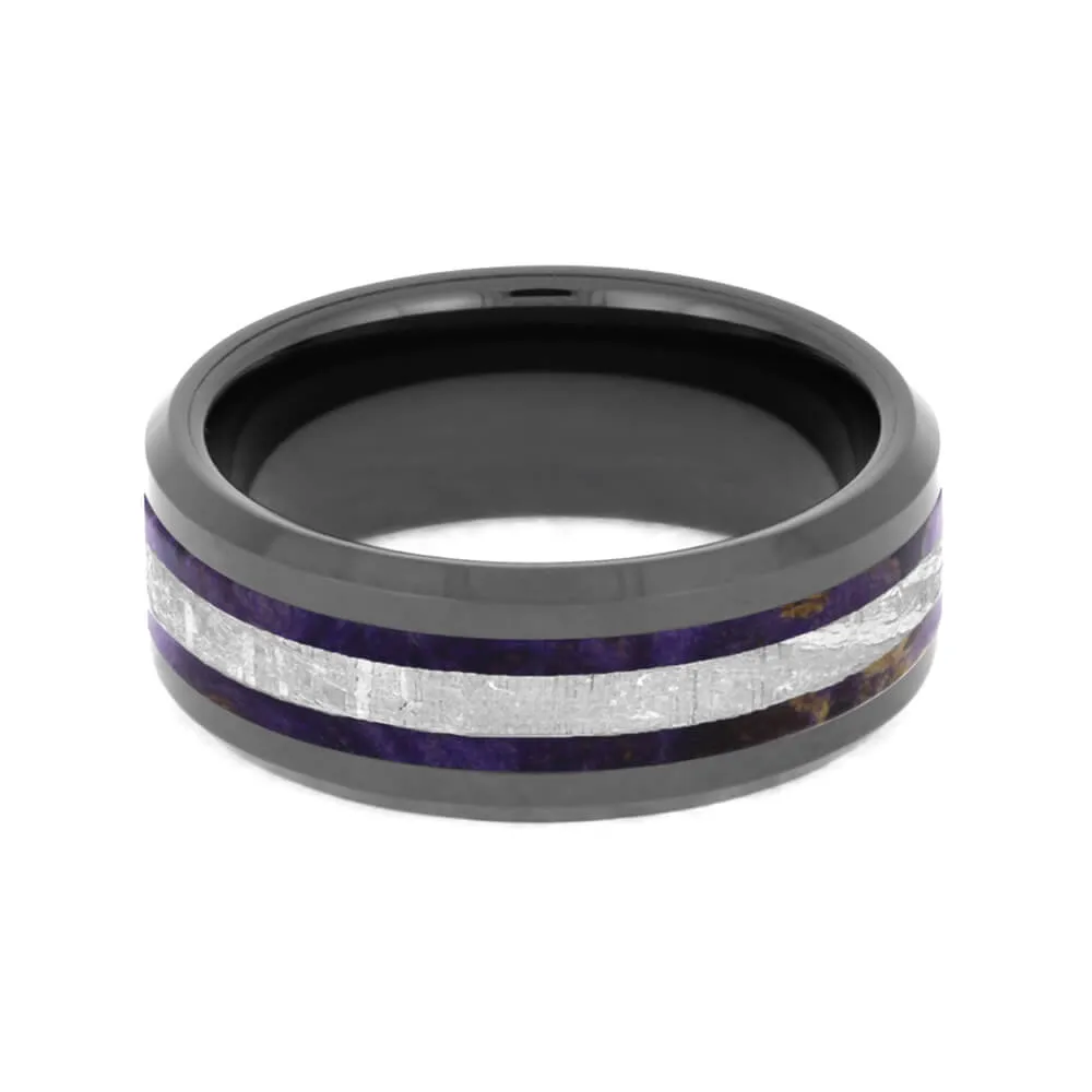 Purple Men's Wedding Band With Wood & Meteorite
