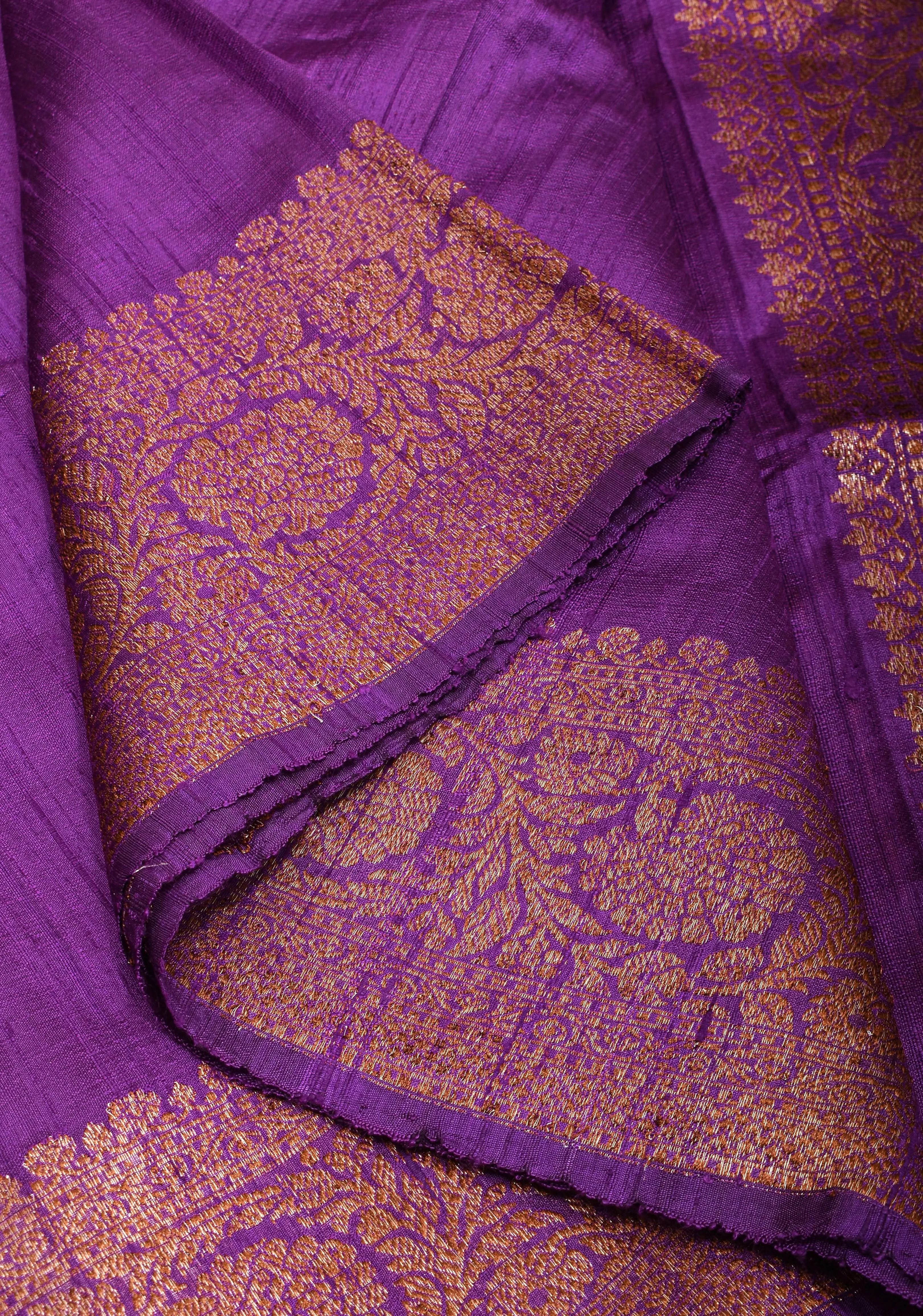 Raw Silk Banarasi Saree in Purple with antique tone Zari motifs and contrast Yellow Blouse PIece | SILK MARK CERTIFIED