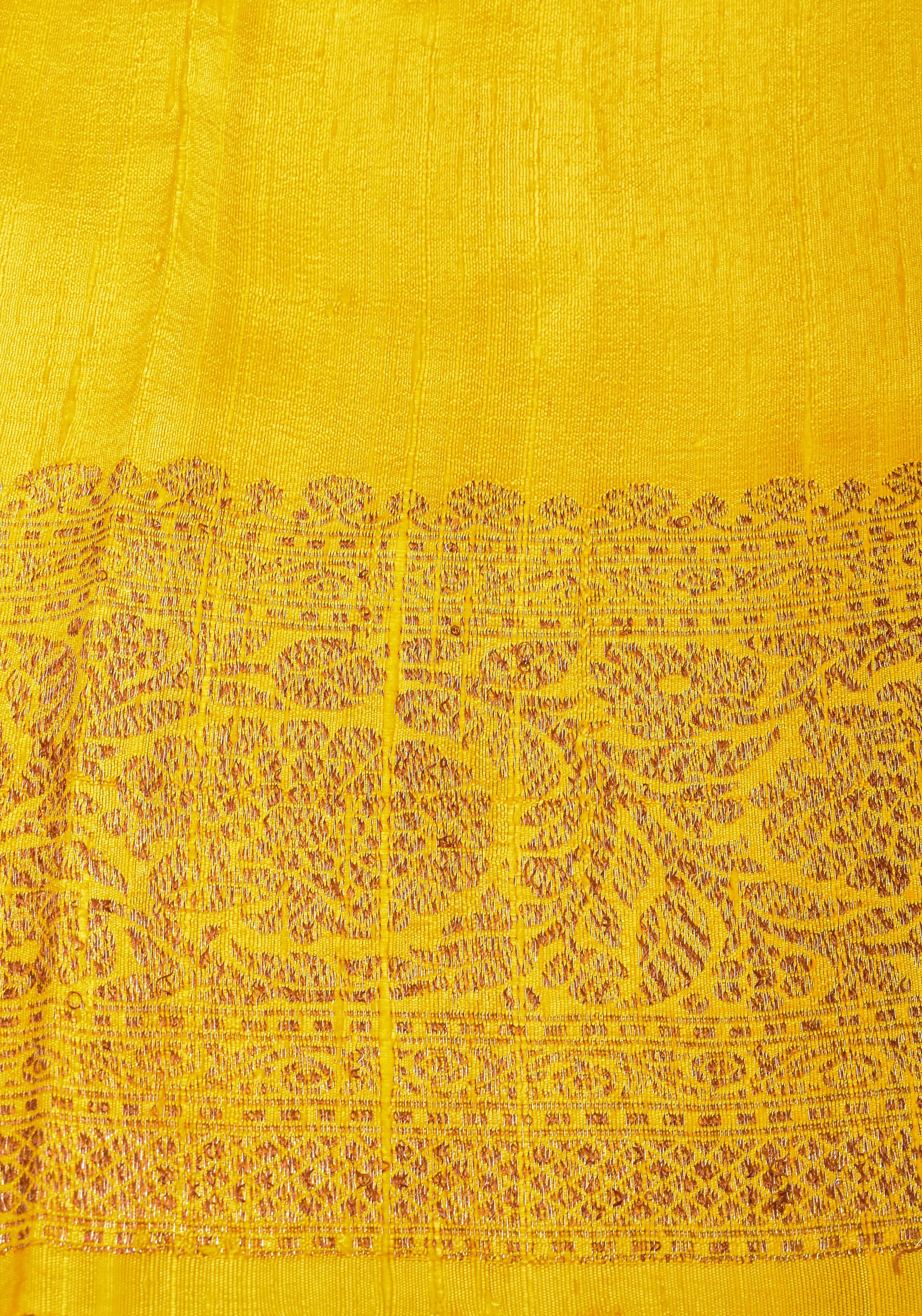 Raw Silk Banarasi Saree in Purple with antique tone Zari motifs and contrast Yellow Blouse PIece | SILK MARK CERTIFIED