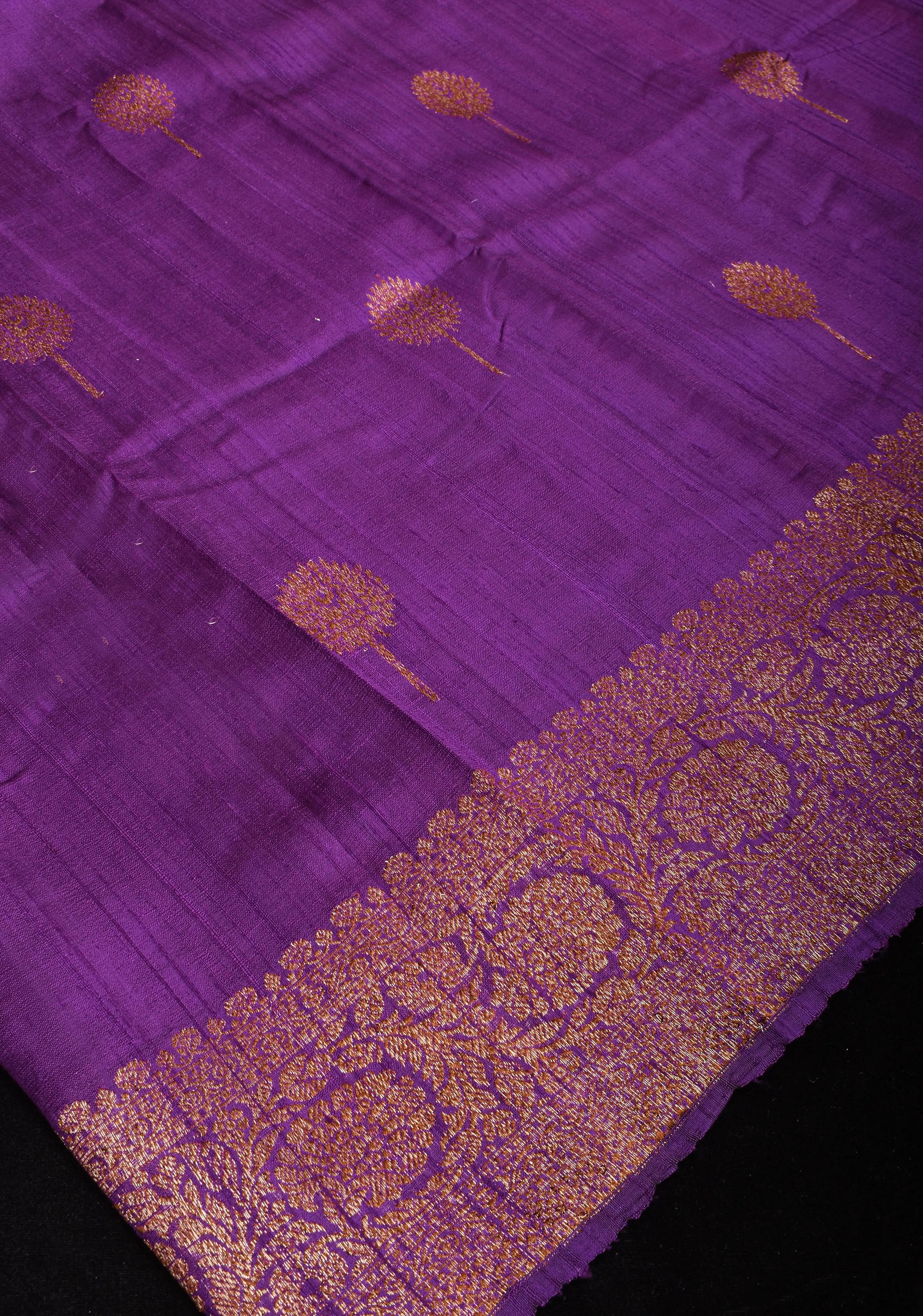 Raw Silk Banarasi Saree in Purple with antique tone Zari motifs and contrast Yellow Blouse PIece | SILK MARK CERTIFIED