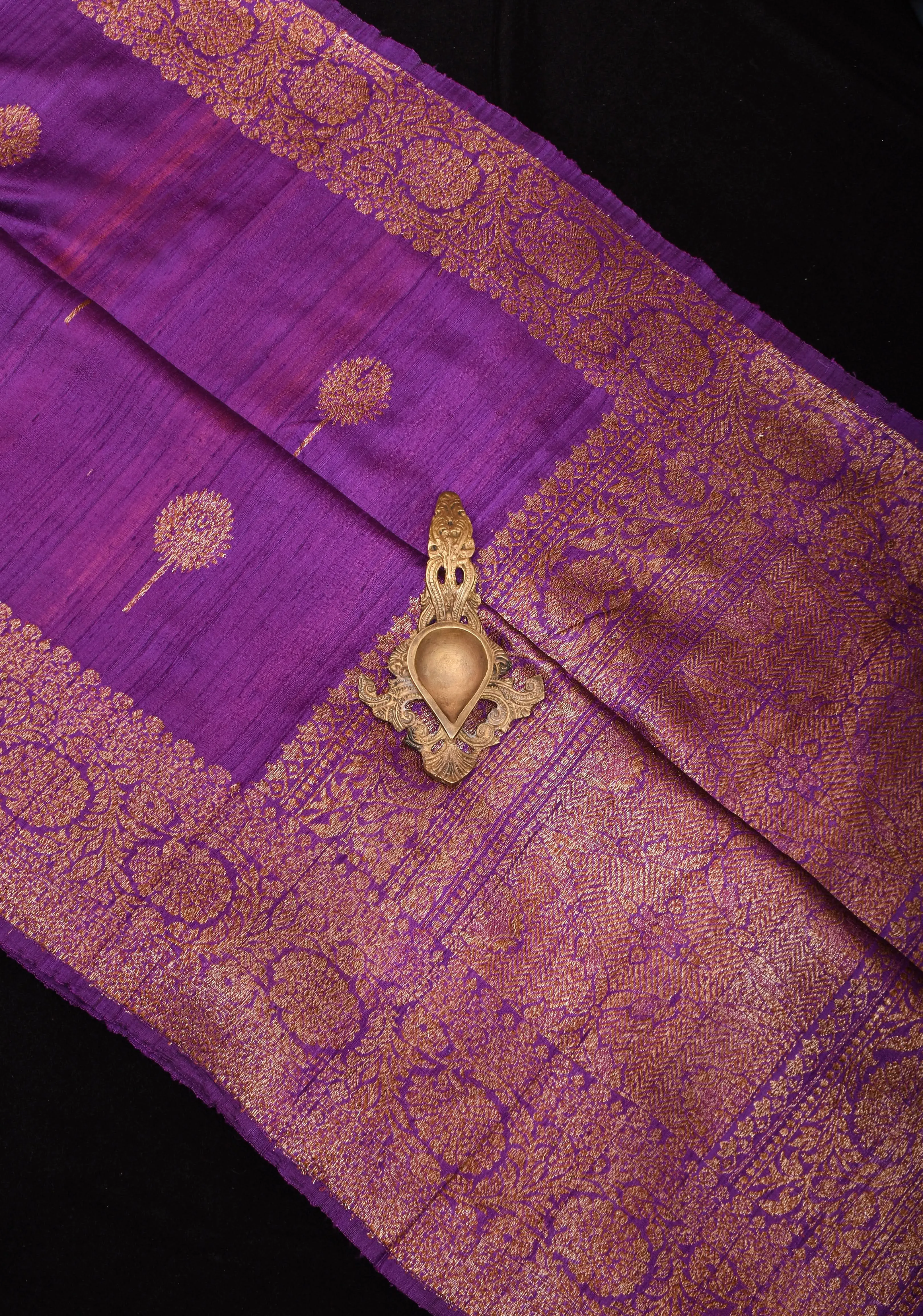 Raw Silk Banarasi Saree in Purple with antique tone Zari motifs and contrast Yellow Blouse PIece | SILK MARK CERTIFIED
