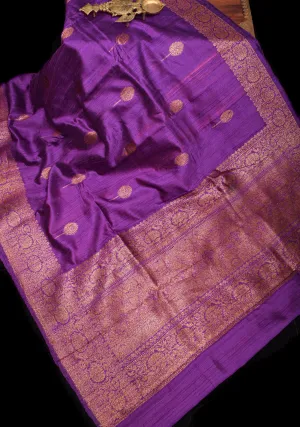 Raw Silk Banarasi Saree in Purple with antique tone Zari motifs and contrast Yellow Blouse PIece | SILK MARK CERTIFIED