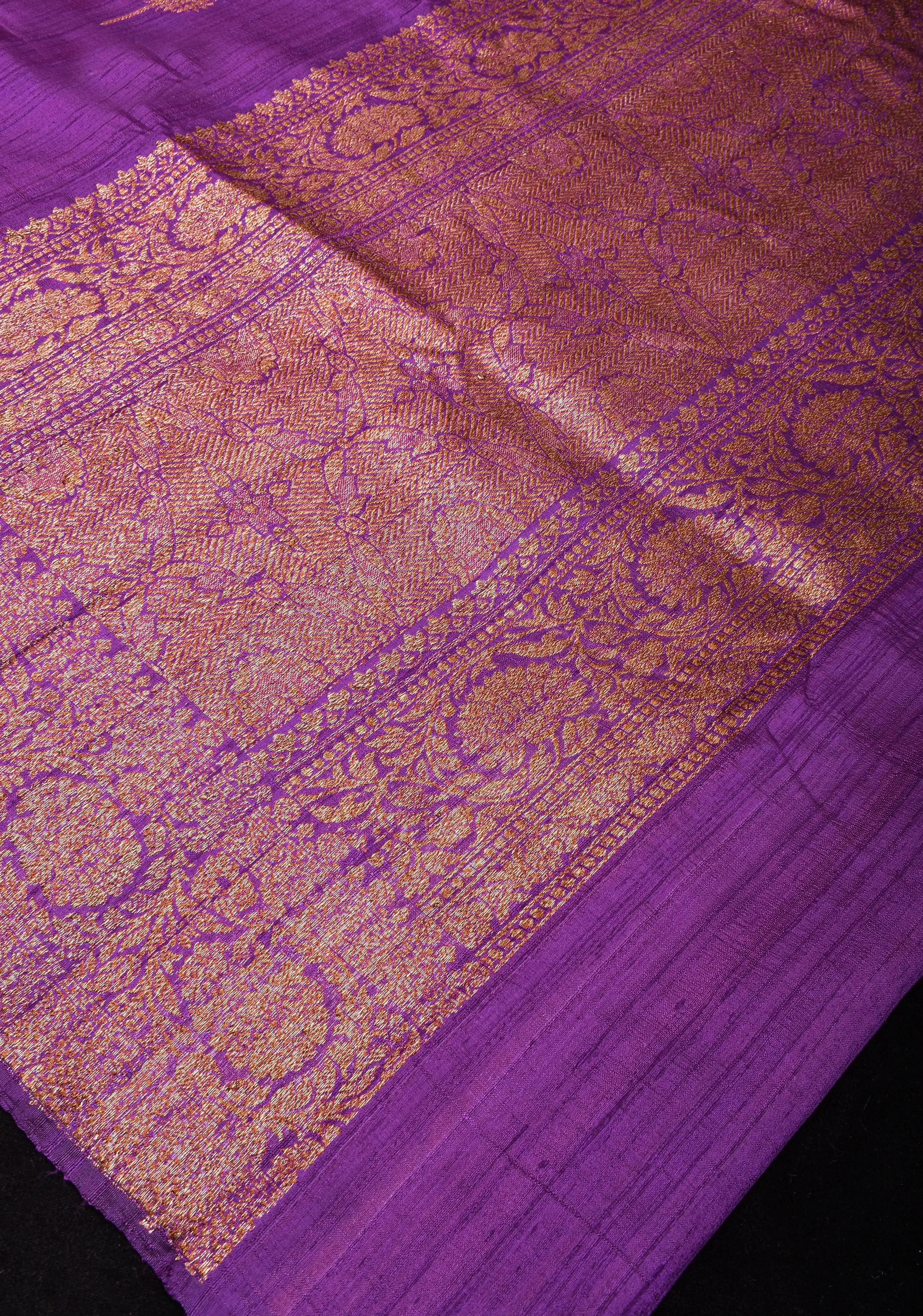 Raw Silk Banarasi Saree in Purple with antique tone Zari motifs and contrast Yellow Blouse PIece | SILK MARK CERTIFIED