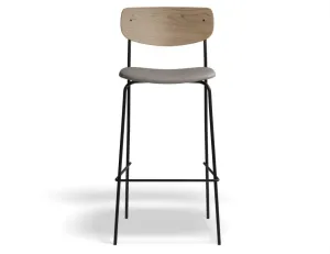Rylie Stool - Padded Seat with Natural Backrest - 75cm Bar Height - Grey Vegan Leather Seat