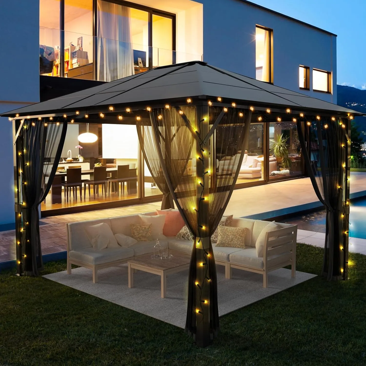 SANNWSG Hardtop Gazebos,Heavy Duty Gazebo,Outdoor Canopy Gazebo with Metal Frame,Galvanized Steel Roof,Mosquito Netting,Permanent Metal Pavilion Gazebo for Backyards,Patios
