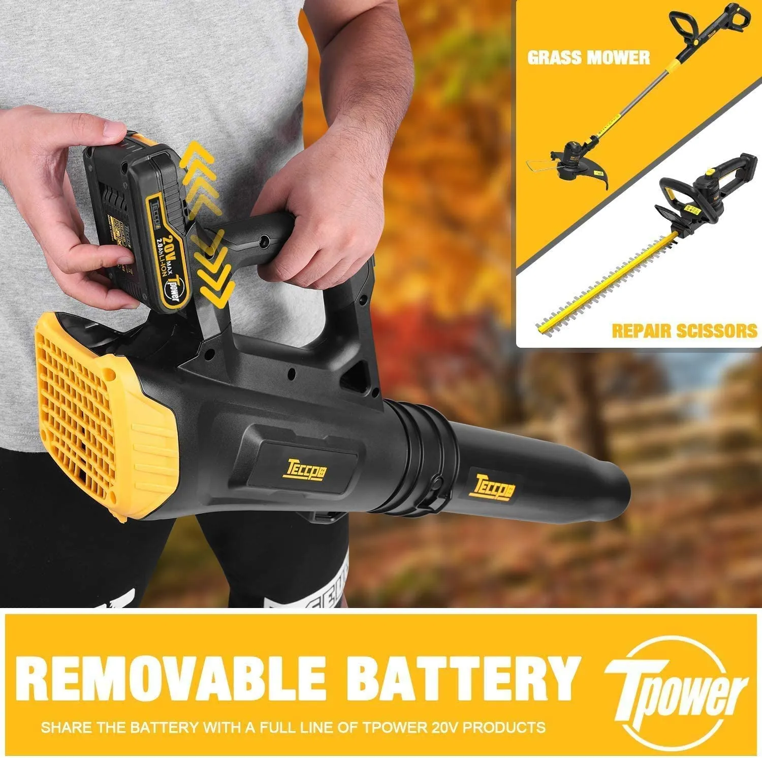 TECCPO 20V Cordless Leaf Blower with Turbine Fan, Dual Speed Adjustment   2.0Ah Lithium Battery