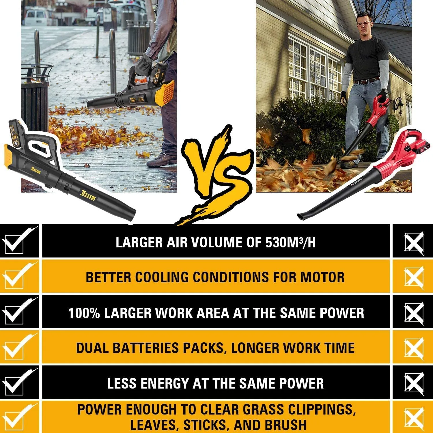 TECCPO 20V Cordless Leaf Blower with Turbine Fan, Dual Speed Adjustment   2.0Ah Lithium Battery