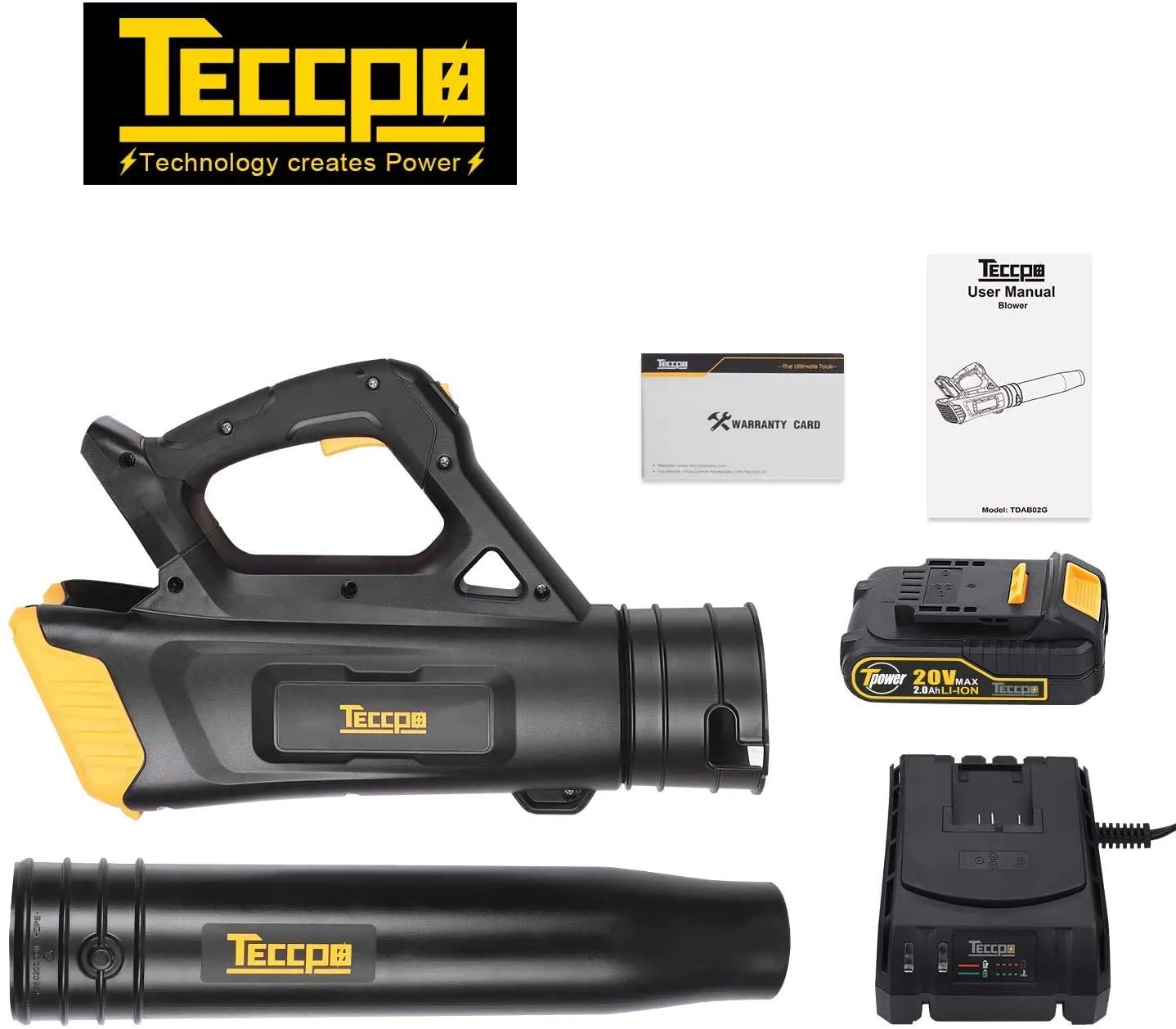 TECCPO 20V Cordless Leaf Blower with Turbine Fan, Dual Speed Adjustment   2.0Ah Lithium Battery