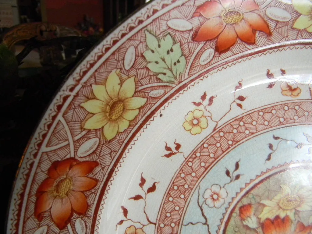Victorian China Aesthetic Movement Brown Transferware Plate Vase of Daisies Hand-painted shades of Aqua Green Yellow Orange RARE