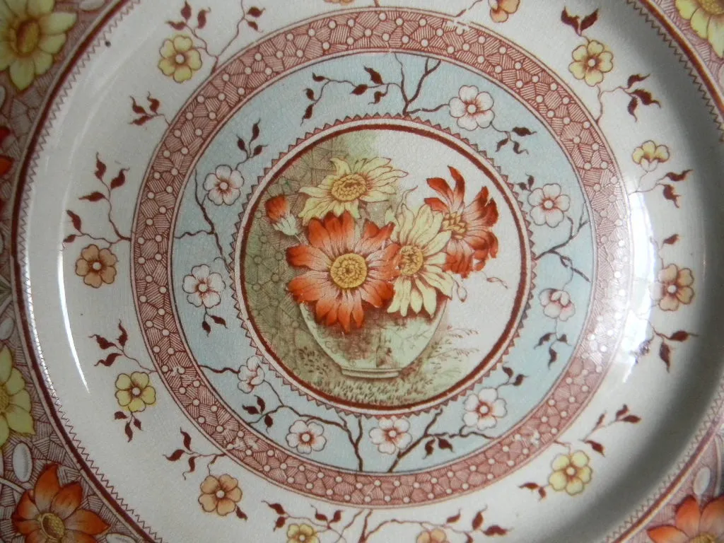 Victorian China Aesthetic Movement Brown Transferware Plate Vase of Daisies Hand-painted shades of Aqua Green Yellow Orange RARE