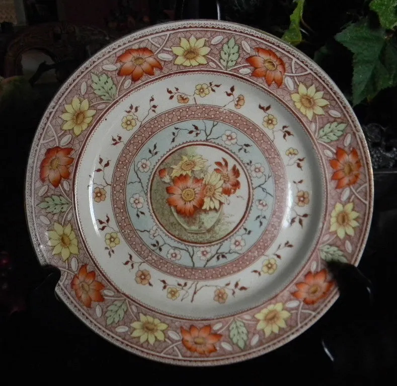 Victorian China Aesthetic Movement Brown Transferware Plate Vase of Daisies Hand-painted shades of Aqua Green Yellow Orange RARE