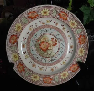 Victorian China Aesthetic Movement Brown Transferware Plate Vase of Daisies Hand-painted shades of Aqua Green Yellow Orange RARE