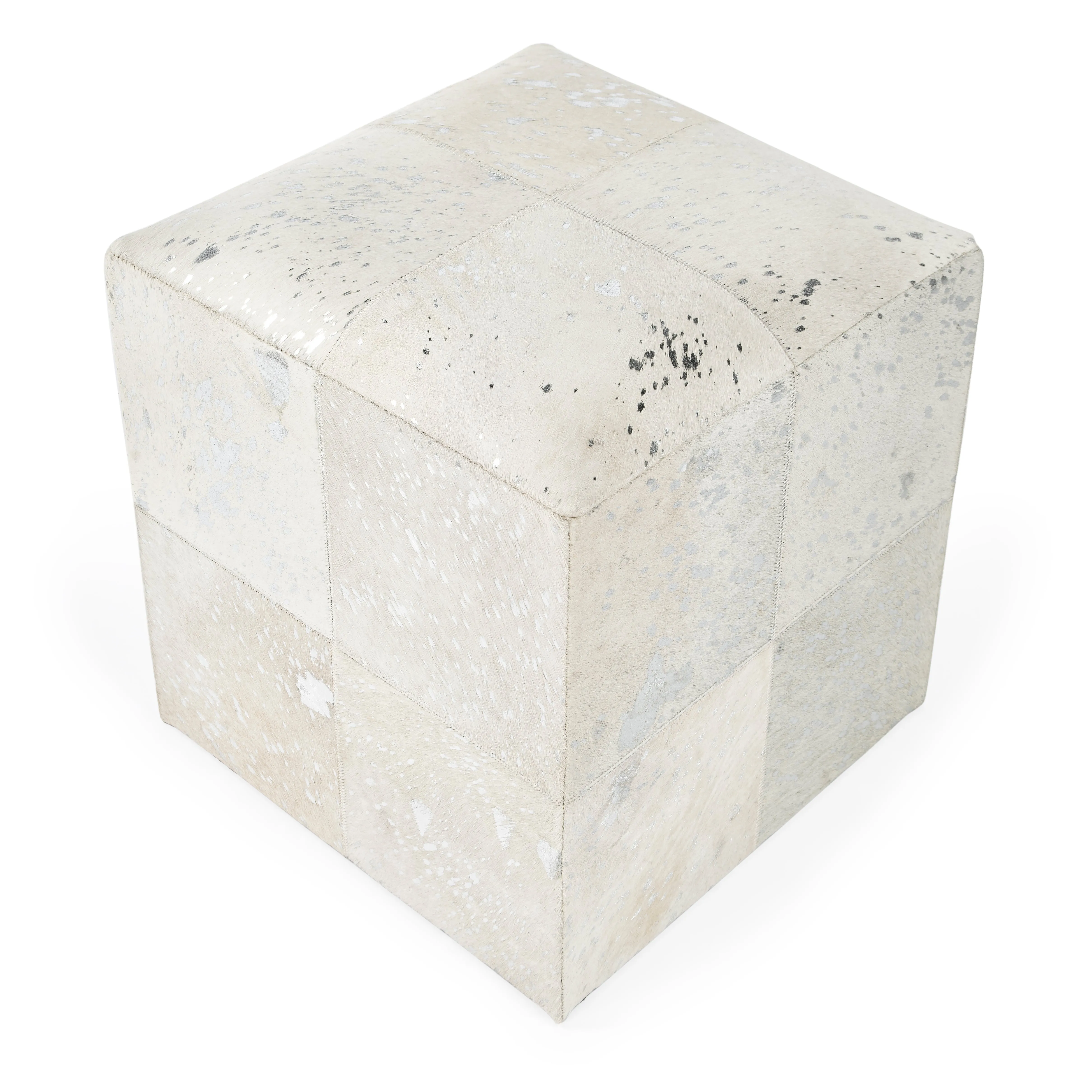 Victorian Hair on Hide with Silver Spots Cube Ottoman in White  5535409