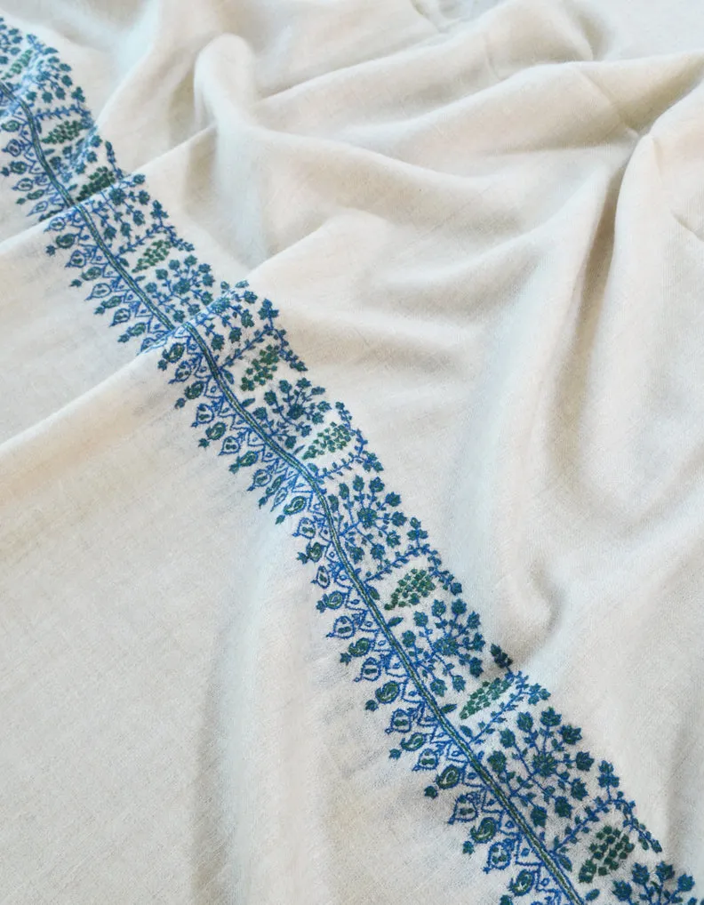 White Pashmina Shawl With Blue Sozni Work 5411